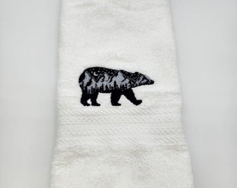 Black Bear Scene on White - Embroidered Hand Towel - In Stock - Ready To Ship