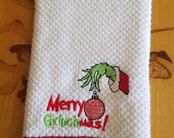 Merry Grinchmas - Embroidered Cotton Kitchen Towel