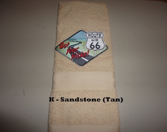 Get Your Kicks on Route 66  - Embroidered Hand Towel - Order One Or More - Pick Your Color of Towel - Bathroom Decoration