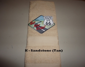 Get Your Kicks on Route 66  - Embroidered Hand Towel - Order One Or More - Pick Your Color of Towel - Bathroom Decoration - Free Shipping