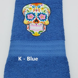 Sugar Skull - Embroidered Hand Towel - Pick Color of Towel - Order One or More