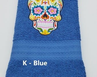 Sugar Skull - Embroidered Hand Towel - Pick Color of Towel - Order One or More - Free Shipping