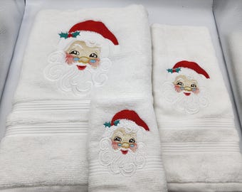 Santa Face on White - 3 Piece Embroidered Towel Set - Bath Towel, Hand Towel and Washcloth - In Stock - Ready To Ship