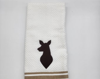 Ready to Ship - In Stock - Deer Doe on White with Tan Stripe - Embroidered Cotton Kitchen Towel - Free Shipping