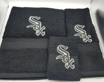 Ready To Ship - White Sox on Black - 3 Piece Embroidered Towel Set - Bath Towel, Hand Towel and Washcloth
