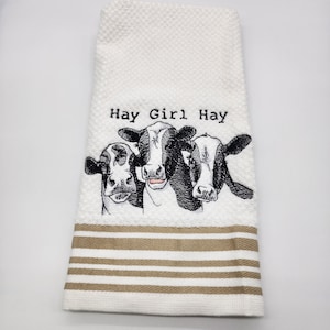 Vacas - Hey Girl - Toalha de cozinha de algodão bordada