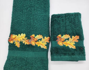 Fall Leaves and Acorns - Embroidered Hand Towel and Washcloth - Pick Color of Towel - Order One or More