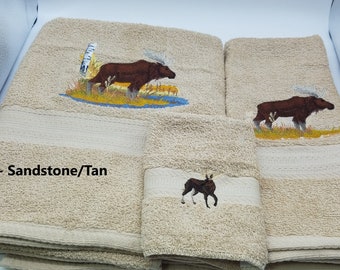Moose Outdoors Wildlife Embroidered Towels - Pick Your Size of Set & Towel Color - Bath Sheet, Bath Towel, Hand Towel, Washcloth