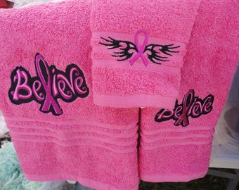 Breast Cancer - Embroidered Towels - Bath Sheet, Bath Towel, Hand Towel and Washcloth - pick towel color - Order Set or Individually