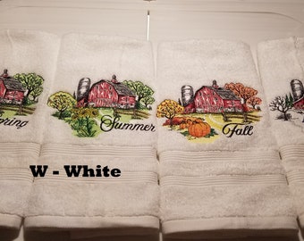 Set of Embroidered Season Hand Towels - Barns - Order Set or Individually - Pick Your Color of Towel