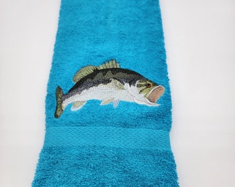 Fish - Bass on Turquoise - Embroidered Hand Towel - In Stock - Ready To Ship