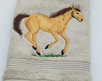 Light Brown Horse on Silver Gray Plush Cotton Embroidered Hand Towel - Ready To Ship