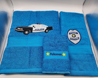 Policeman on Turquoise Bath Towel Set - Bath Towel, Hand Towel and Washcloth