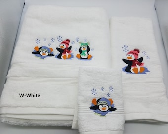 Penguins Embroidered Towels - Choose Your Size of Set and Color of Towel - Bath Sheet, Bath Towel, Hand Towel and Washcloth - Free Shipping