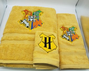 Hogwarts House Shield Embroidered Towels - Pick Size of Set & Towel Color - Bath Sheet, Bath Towel, Hand Towel, Washcloth