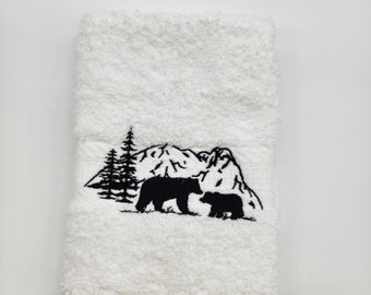 Ready To Ship - Black Bear Scene on White Washcloth  - Free Shipping