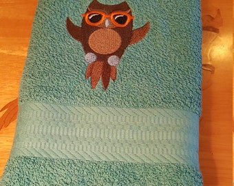 Owl In Sunglasses on Teal - Face Towel - Decorated Hand Towel - Embroidered Hand Towel -  In Stock - Ready To Ship