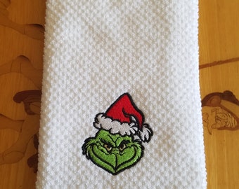 Grinch - Mean Face - Embroidered Cotton Kitchen Towel - Order One or More - Kitchen Decoration - Christmas Kitchen Towel - Free Shipping