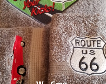 Route 66 - Geborduurde handdoeken - Set of individueel bestellen - Kies je handdoekkleur - Badlaken, badhanddoek, handdoek & washandje
