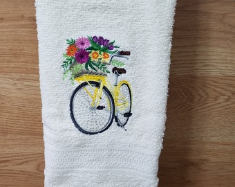 Summer Bike - Embroidered Hand Towels - Choice of Towel Colors - Bathroom Towels - Face Towels