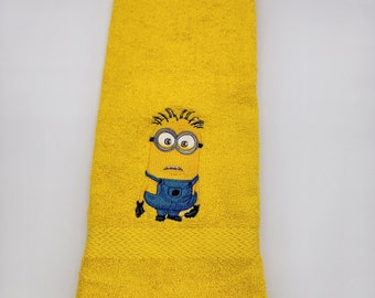 Minion on Yellow Embroidered Hand Towel - Face Towel -  Free Shipping - In Stock - Ready To Ship