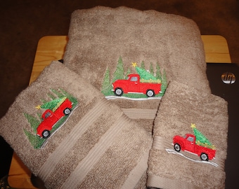 Small Red Christmas Truck on Light Brown - 3 Piece Embroidered Towel Set - Bath Towel, Hand Towel and Washcloth