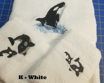 Whales - Embroidered Towels - Pick Size of Set or Individual - Choose Towel Color - Bath Towel, Hand Towel and Washcloth - Free Shipping