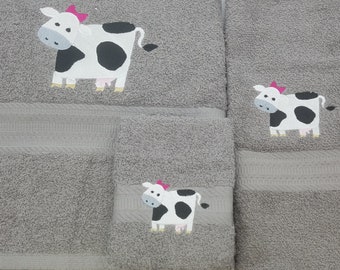 In Stock - Ready To Ship - Cow Girl on Gray - 3 Piece Embroidered Towel Set - Bath Towel, Hand Towel and Washcloth