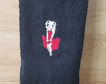 Betty Boop on Black - Embroidered Hand Towel - In Stock - Ready To Ship