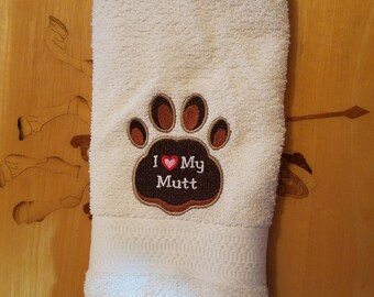 In Stock - Ready To Ship - I Love My Mutt on Ivory Embroidered Hand Towel - Face Towel - Free Shipping