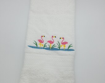 Pink Flamingos - Face Towel - Bathroom Decoration - Embroidered Hand Towel - In Stock - Ready To Ship