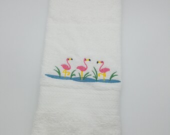 In Stock - Ready To Ship - Pink Flamingos - Face Towel - Bathroom Decoration - Embroidered Hand Towel - Free Shipping