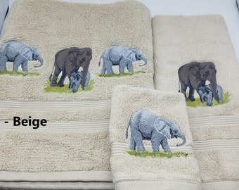 Elephants Embroidered Towels - Pick Your Size of Set and Towel Color - Bath Sheet, Bath Towel, Hand Towel & Washcloth - Free Shipping