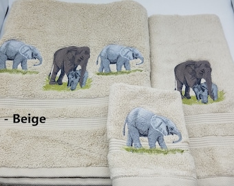 Elephants Embroidered Towels - Pick Your Size of Set and Towel Color - Bath Sheet, Bath Towel, Hand Towel & Washcloth