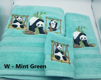 Panda Bear Embroidered Towels * Pick Your Size of Set & Color of Towel * Bath Sheet, Bath Towel, Hand Towel and Washcloth * Free Shipping
