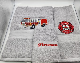 Fireman on Silver Gray 3 Piece Embroidered Towel Set - Bath Towel, Hand Towel and Washcloth - Free Shipping - Ready To Ship