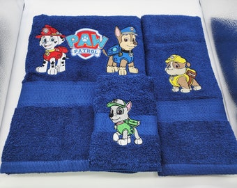 Ready To Ship - Paw Patrol on Navy - 3 Piece Embroidered Towel Set - Bath Towel, Hand Towel and Washcloth - Free Shipping