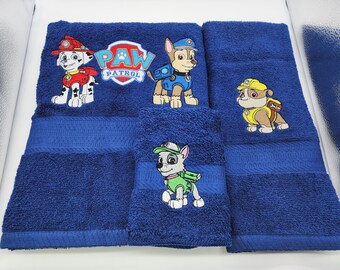 Ready To Ship - Paw Patrol on Navy - 3 Piece Embroidered Towel Set - Bath Towel, Hand Towel and Washcloth - Free Shipping