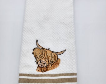 Highland Cow on White with Tan Stripe - Embroidered Cotton Kitchen Towel - Kitchen Decor - Free Shipping