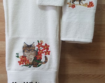 Brown Cat on Limb - Embroidered Towels - Choose Towel Color & Set or Individual - Bath Sheet, Bath Towel, Hand Towel and Washcloth