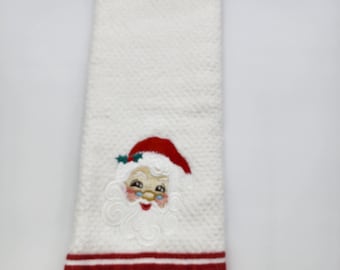 Santa Face on White with Red Stripe - Embroidered Cotton Kitchen Towel - Ready To Ship
