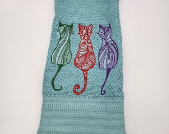 3 Cats on Teal - Embroidered Cotton Kitchen Towel - Kitchen Decor - Free Shipping