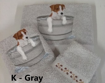Jack Russell in Washtub Embroidered Towels - Choose Set Size & Towel Color - Bath Sheet, Bath Towel, Hand Towel and Washcloth - Free Ship