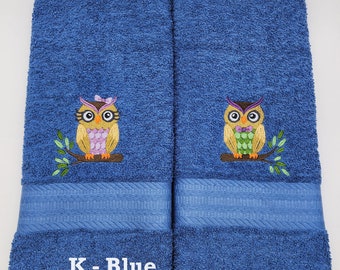 Owls Boy or Girl or Pair - Embroidered Hand Towels - Face Towel - Decorated Towel - Order One or More