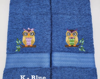 Owls Boy or Girl or Pair - Embroidered Hand Towels - Face Towel - Decorated Towel - Order One or More  - Free Shipping