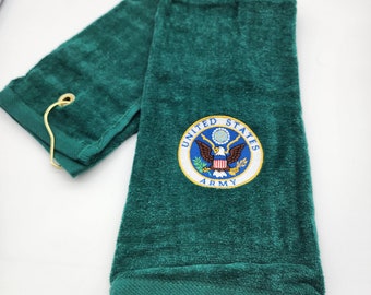 In Stock - Ready To Ship - Military - Army on Hunter Green - Embroidered Golf Towel - Tri-Fold - Grommet - Hook - Free Shipping