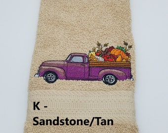 Fall Truck - Embroidered Hand Towel - Pick Color of Towel - Order One 0r More -  Free Shipping