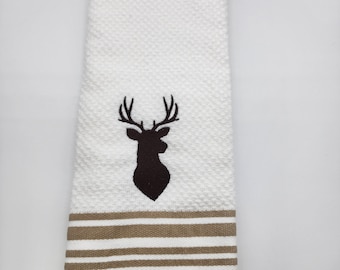 Deer - Buck Silhouette  - Embroidered Cotton Kitchen Towel - Free Shipping