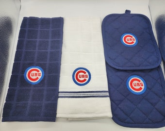 Ready To Ship - 4 Piece Embroidered Kitchen Towel Set - Chicago Cubs on Blue - Free Shipping