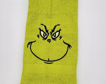 Grinch Face on Lime Green - Embroidered Hand Towel - In Stock - Ready To Ship